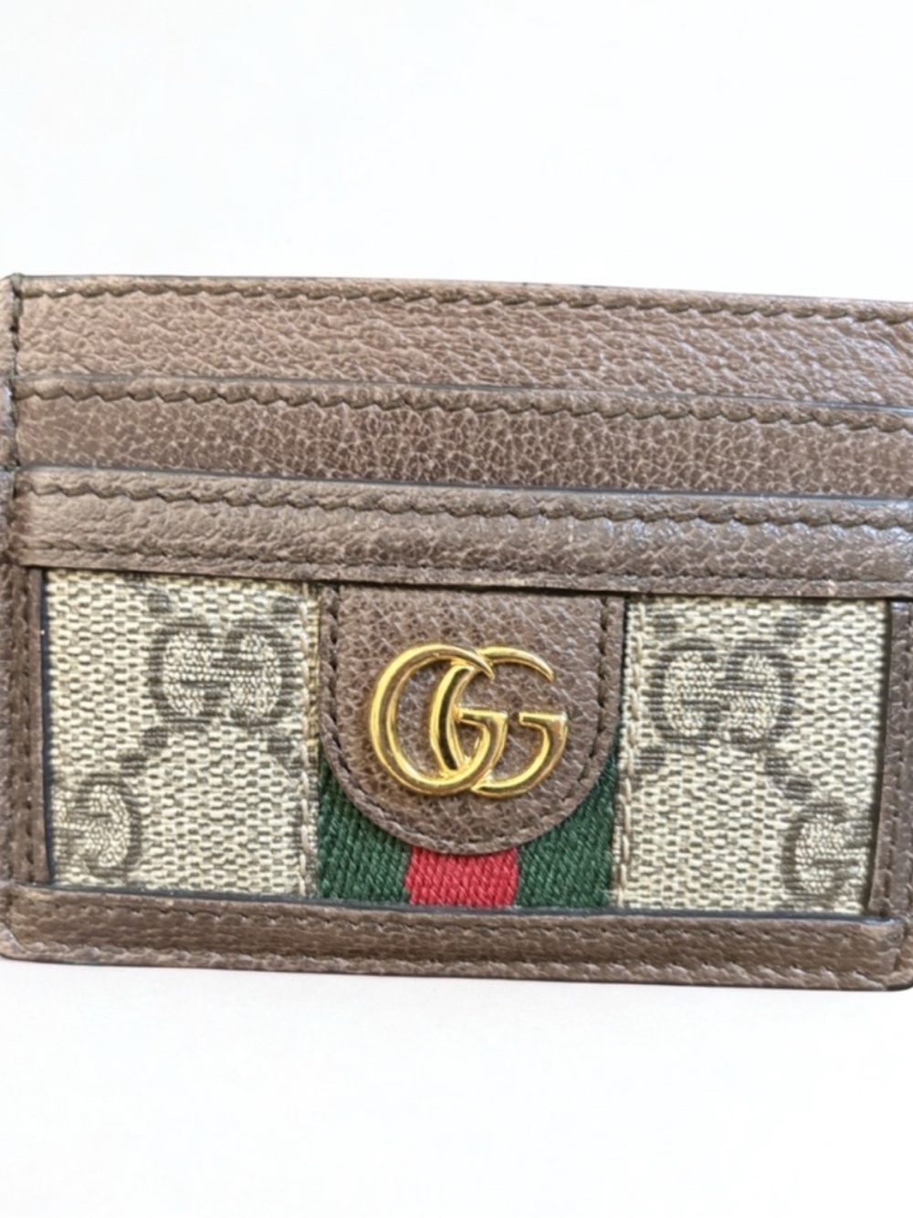 Gucci Brown GG Canvas Card Holder with Green and Red Web and Gold Double G